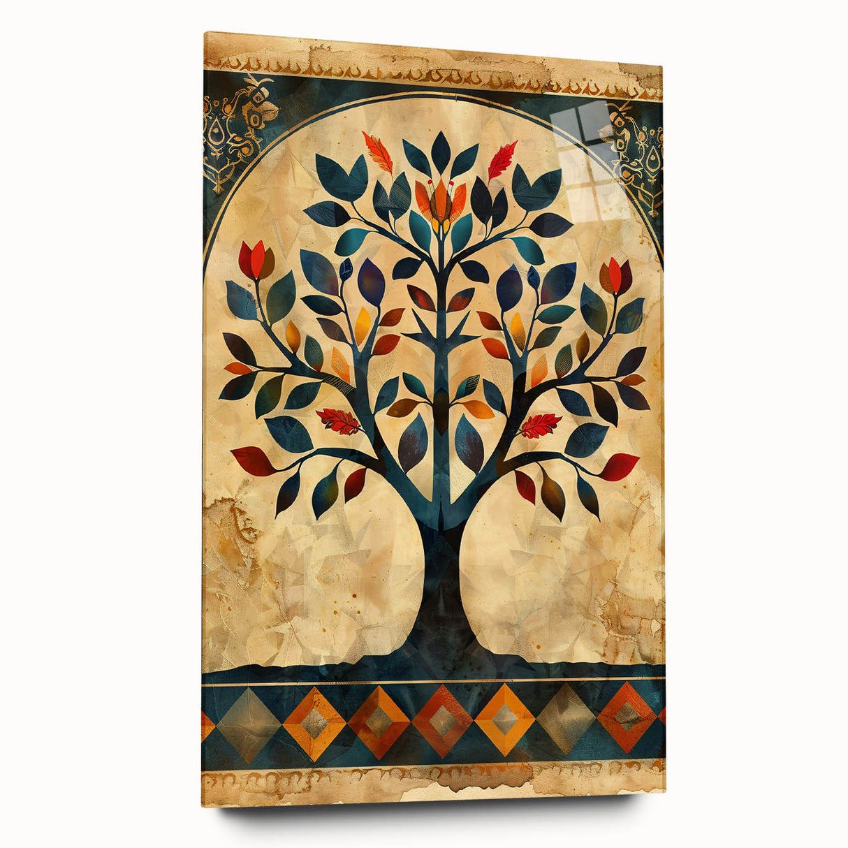 Abstract floral wall art displayed in a side view, showcasing vibrant colors and intricate designs on acrylic glass, ideal for modern home decor.