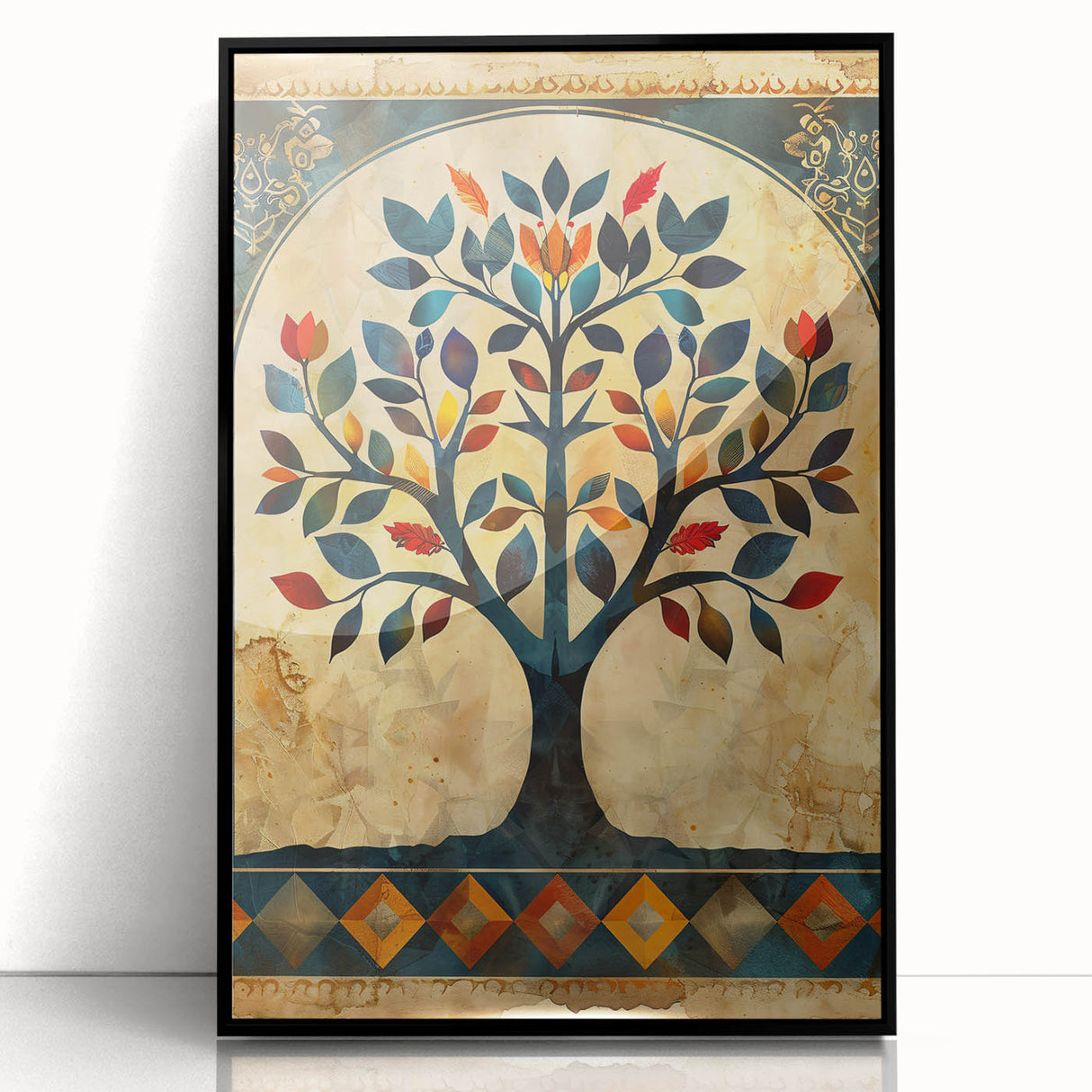 Framed abstract floral wall art in vibrant colors showcases intricate designs with a black frame, perfect for modern home decor. Ideal for enhancing living spaces.