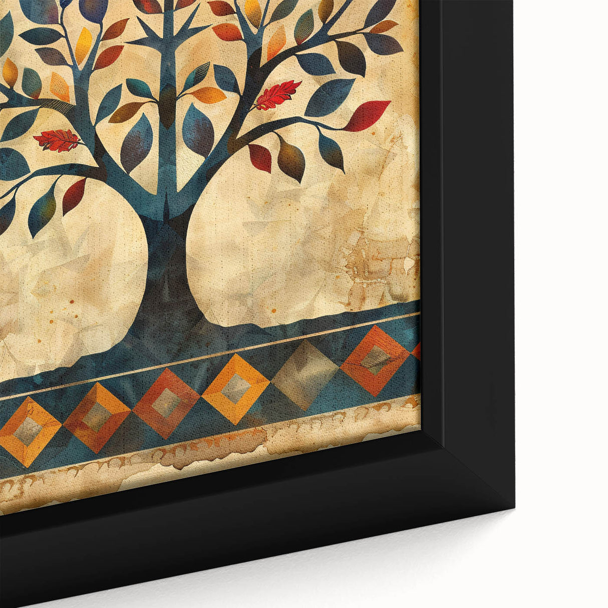 Close-up of a framed canvas wall art featuring an abstract floral design with vibrant colors, perfect for modern home decor. The intricate details highlight the artistry and texture, adding a touch of elegance to any room.