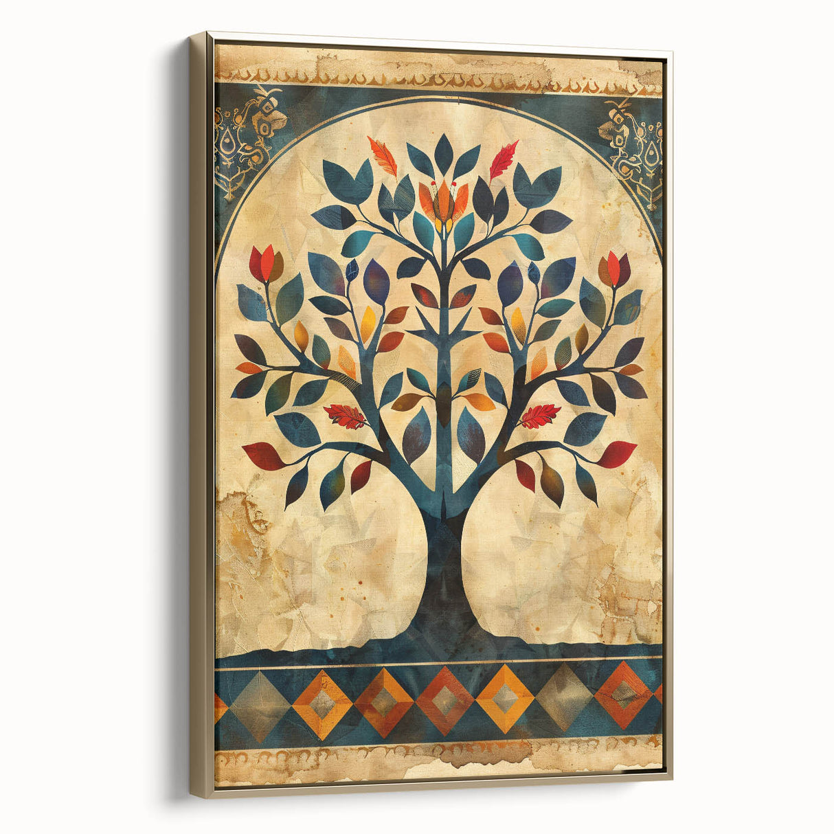 Framed abstract floral wall art featuring vibrant gold accents and intricate details, displayed in a sleek modern setting, perfect for home decor enhancement.