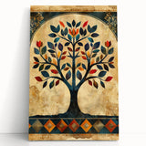 Abstract floral wall art on stretched canvas, featuring vibrant colors like blue, pink, and gold, leaning against a light backdrop, perfect for modern decor.