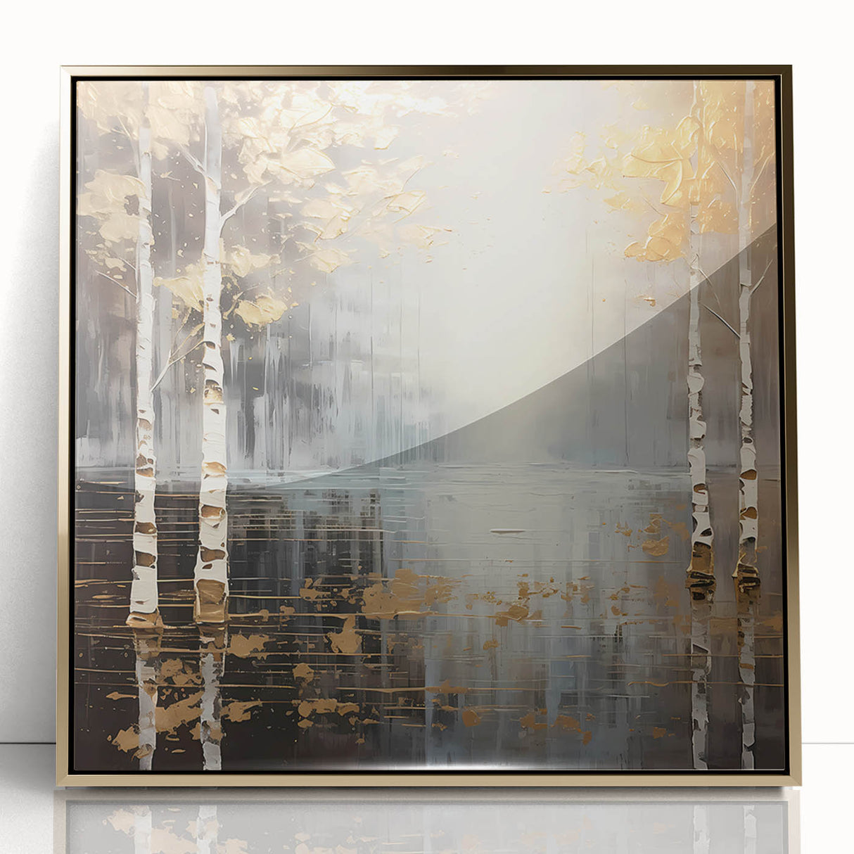 Framed abstract landscape wall art featuring vibrant gold accents and acrylic finish, ideal for modern home decor. Perfect for adding elegance to any room.