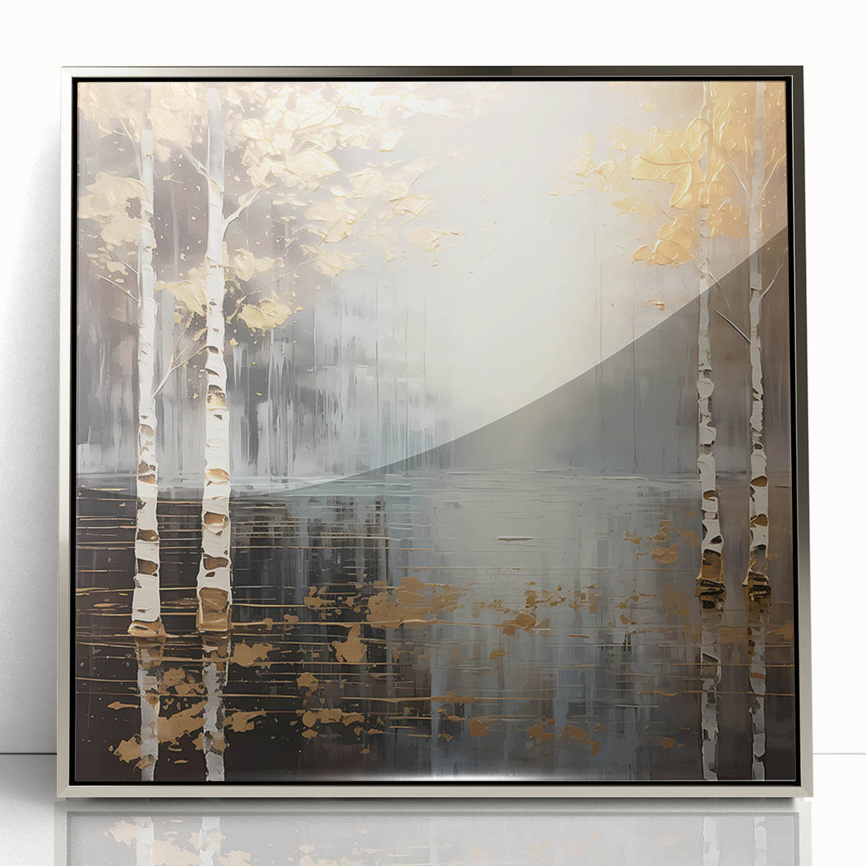 Framed abstract landscape wall art featuring soft silver tones and intricate textures, designed to enhance modern interiors with a touch of elegance.