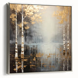 Framed abstract landscape wall art featuring serene hues of blue and green, set in a sleek silver frame, showcasing a modern aesthetic perfect for home decor.