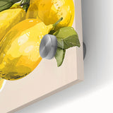 Large abstract wall art of assorted fruits in vibrant colors on acrylic glass, ideal for dining room decor.