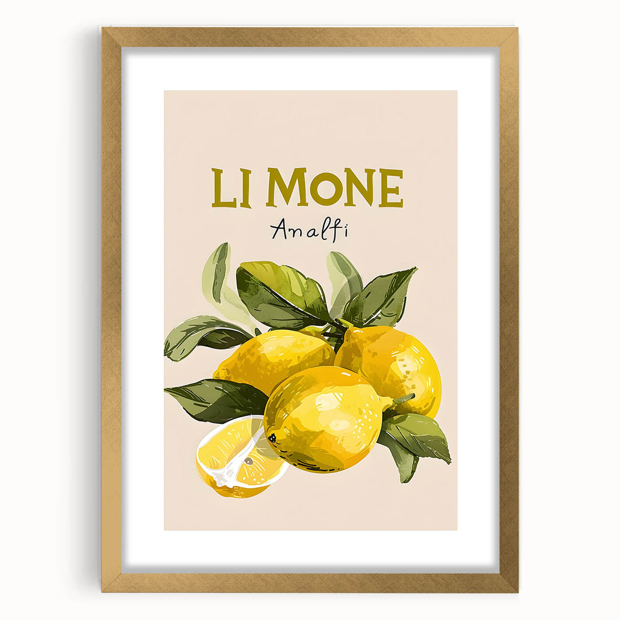 Extra large abstract art print featuring textured fruits in vibrant colors, framed in gold, ideal for living room decor.