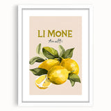 Abstract art print featuring assorted fruits in vibrant colors on a white framed mat, ideal for dining room decor.