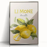 Mid-century modernist art featuring an array of fruits in vibrant colors on a silver-framed acrylic print.