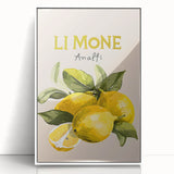 Acrylic framed poster featuring an array of fruits in art deco style, with a white border, suitable for modern kitchen decor.