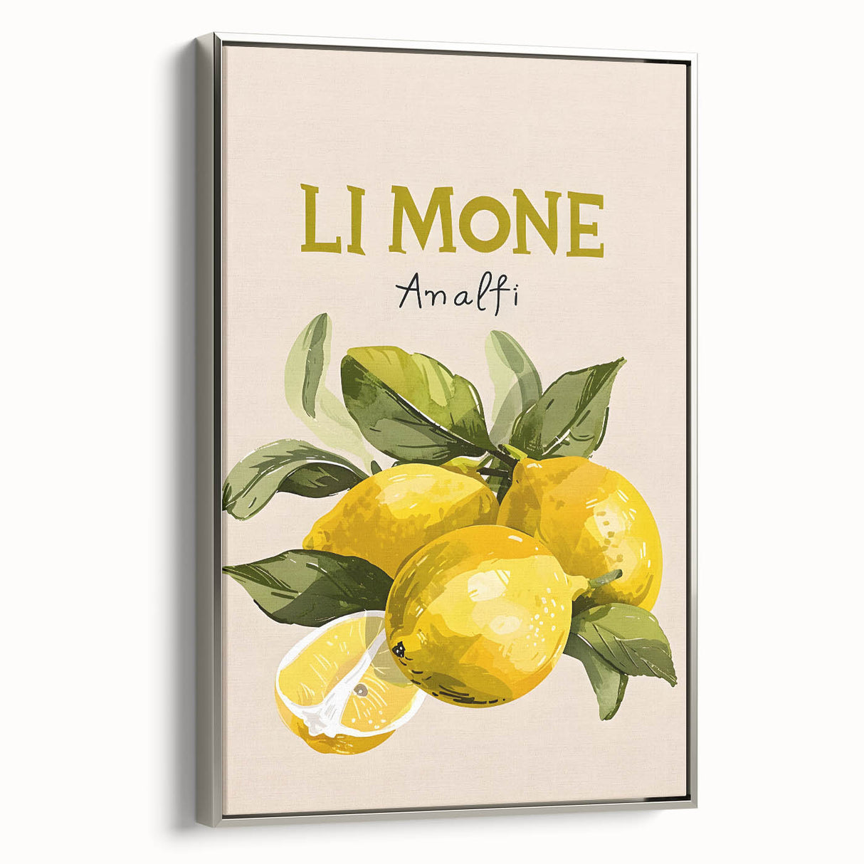 Framed canvas of vintage poster art featuring colorful fruits in a landscape layout on a black background.