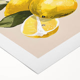 Art deco poster featuring an array of colorful fruits on a rolled canvas, suitable for dining room decor.