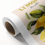 Art Deco style poster featuring assorted fruits in vibrant colors on rolled canvas.