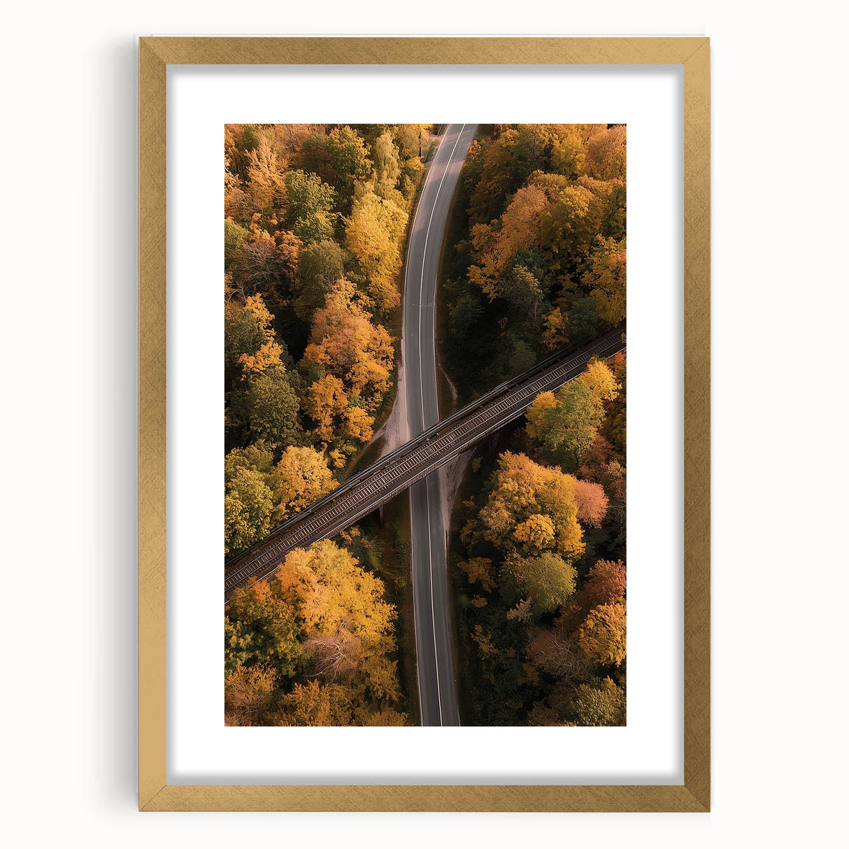 Gold landscape bridge frame with a white mat, showcasing an elegant front view. Ideal for adding a touch of sophistication to home decor or gallery walls.