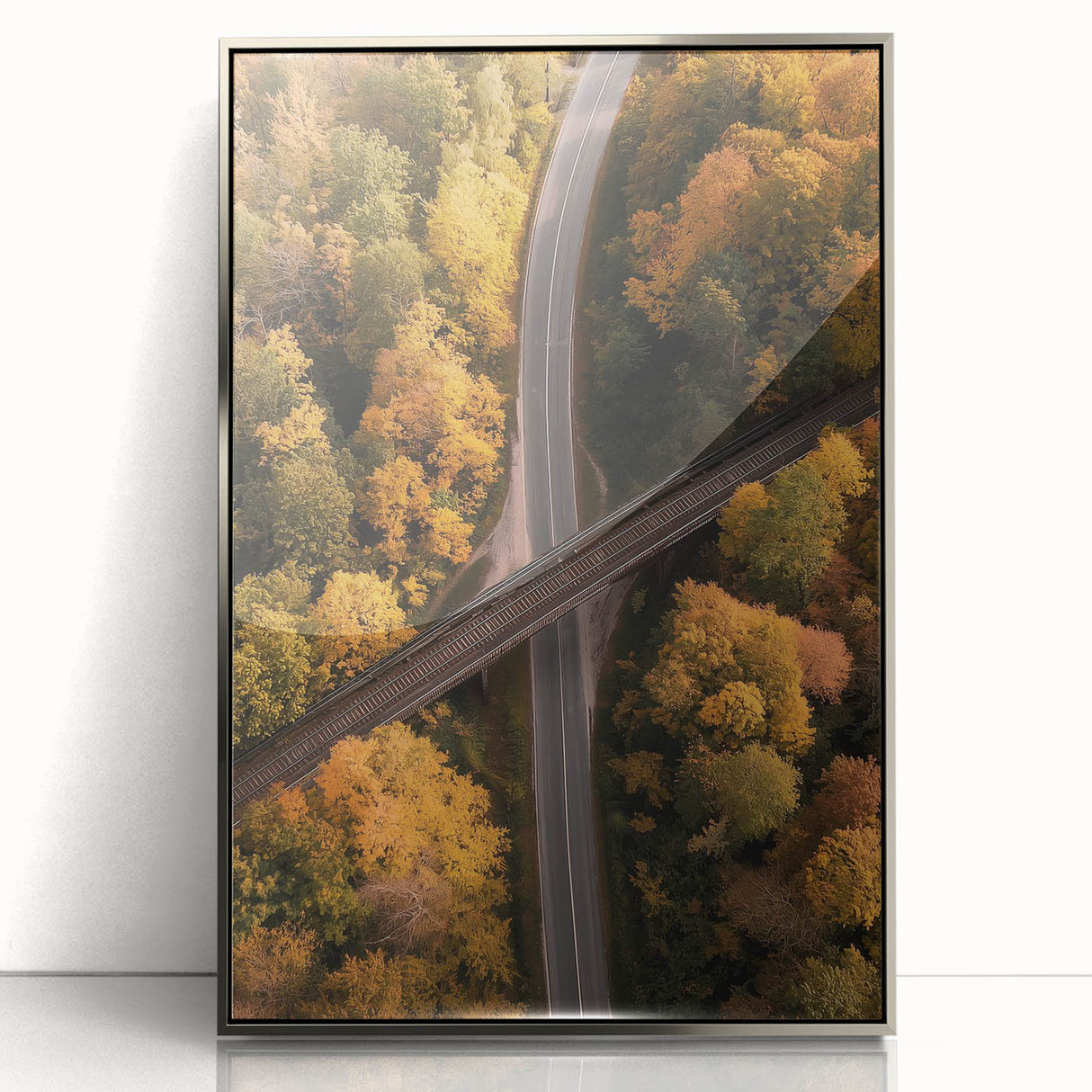Framed acrylic artwork depicting a serene landscape bridge scene, featuring vibrant colors and intricate details, ideal for home decor enhancement.