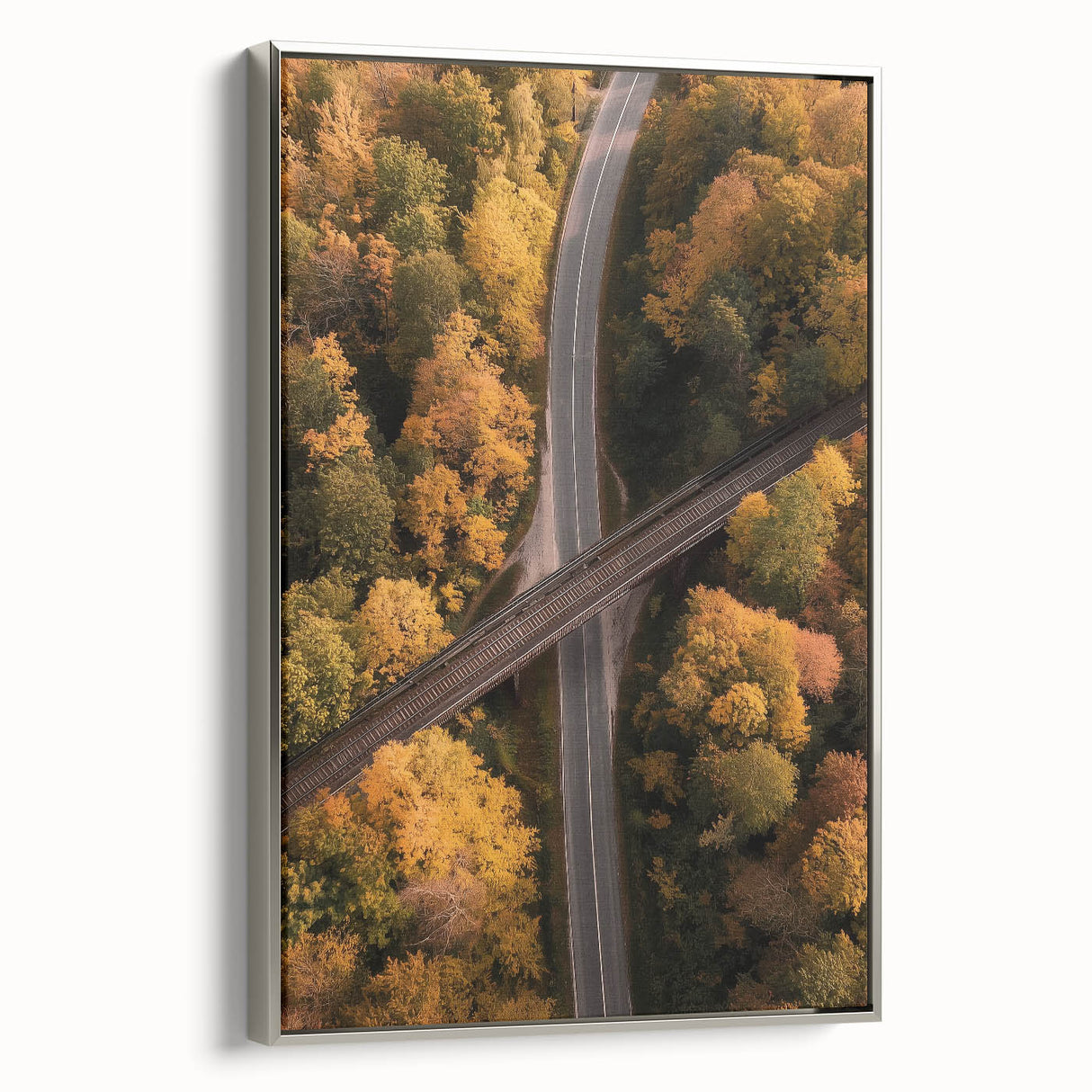 Framed canvas art depicting a landscape bridge in silver, showcasing detailed textures and vibrant colors, perfect for enhancing home decor with a modern touch.