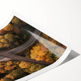 Rolled print showcasing a landscape design of a bridge, featuring vibrant colors and intricate details, securely packaged in a protective cardboard tube for shipping.