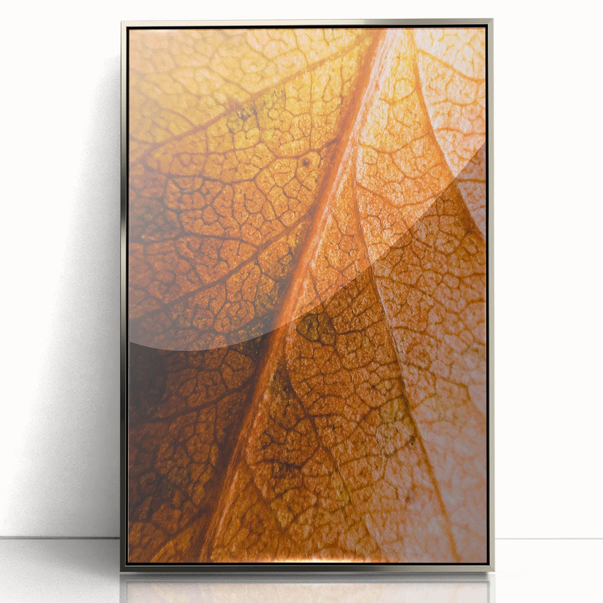 Mid-century modernist art depicting autumn trees in earth tones on a silver-framed acrylic print.