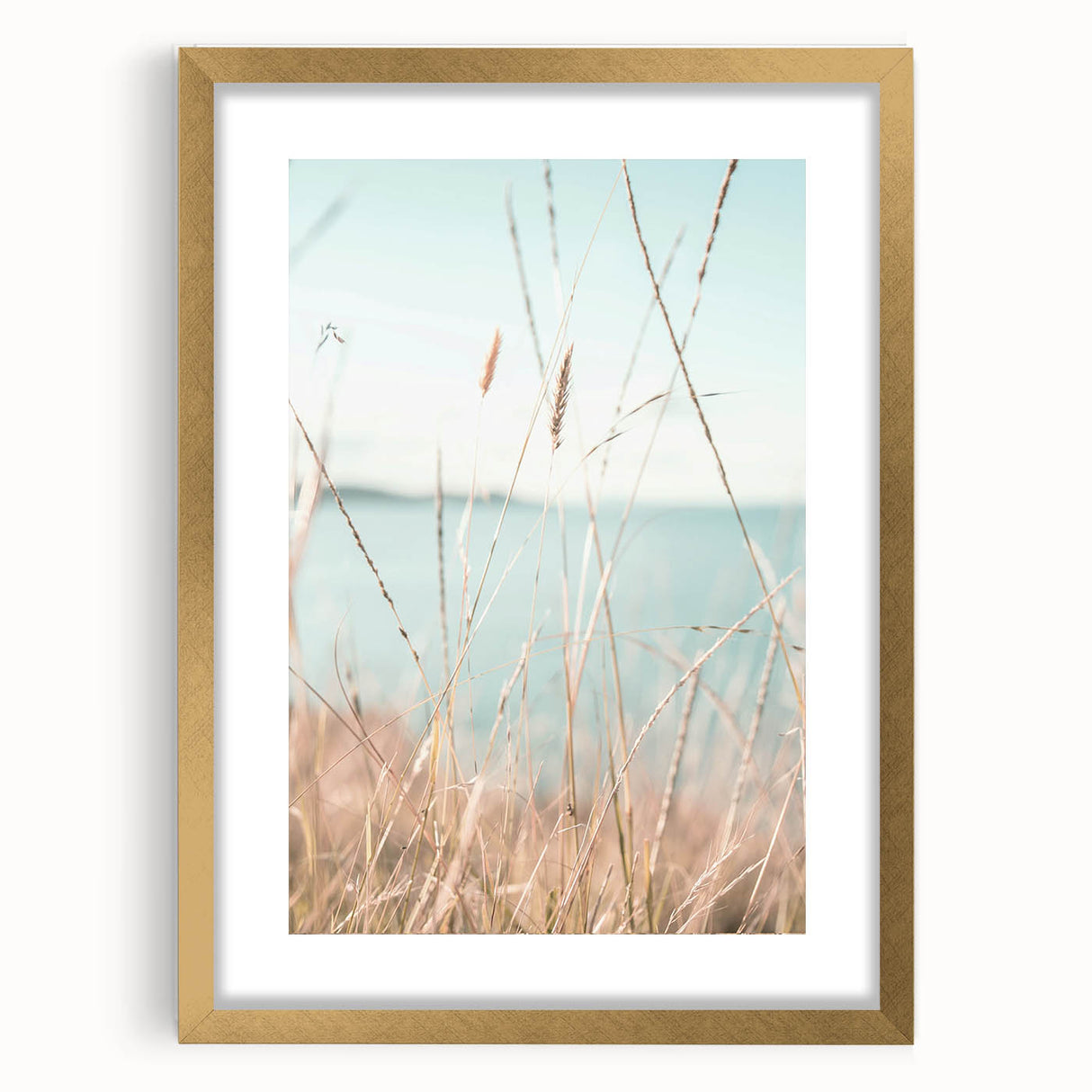 Extra large abstract art print featuring textured swirls in warm orange and yellow tones, framed in gold.