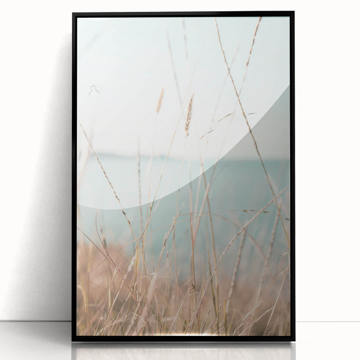 Large abstract wall art in mid-century modernist style, featuring vibrant orange and yellow tones on black-framed acrylic.