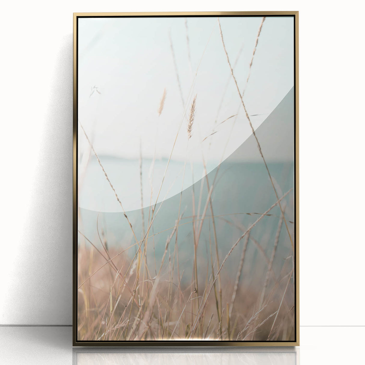 Large acrylic print of a mid-century modernist summer scene in warm gold tones, ideal for nursery wall decor.