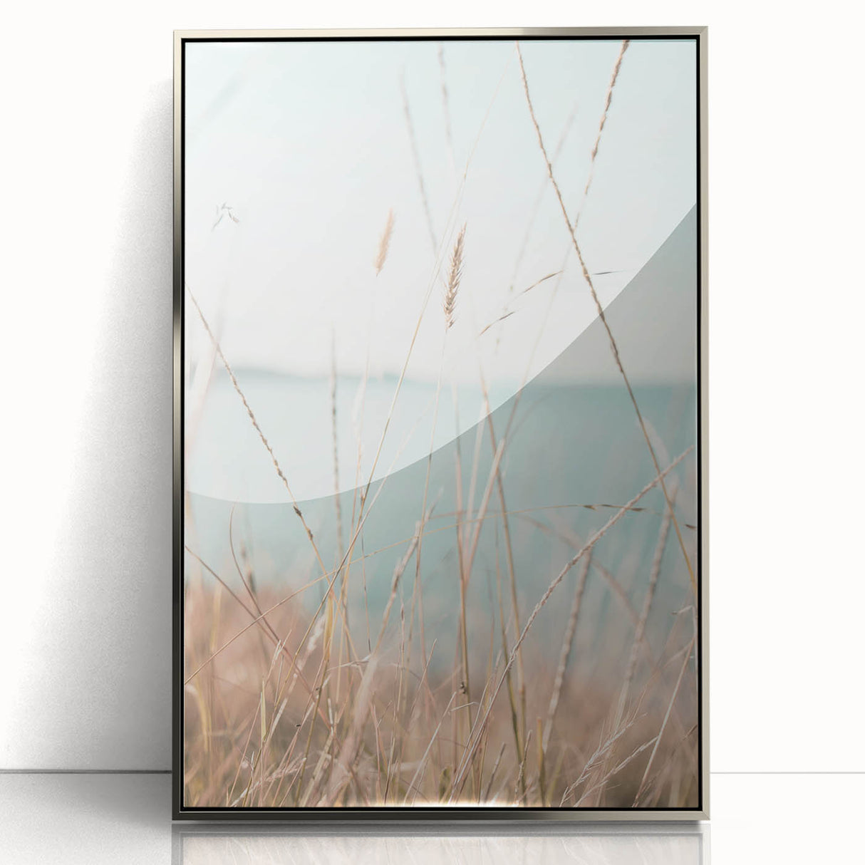 Mid-century modernist art depicting a summer scene with bright yellow and green tones on a silver-framed acrylic print.