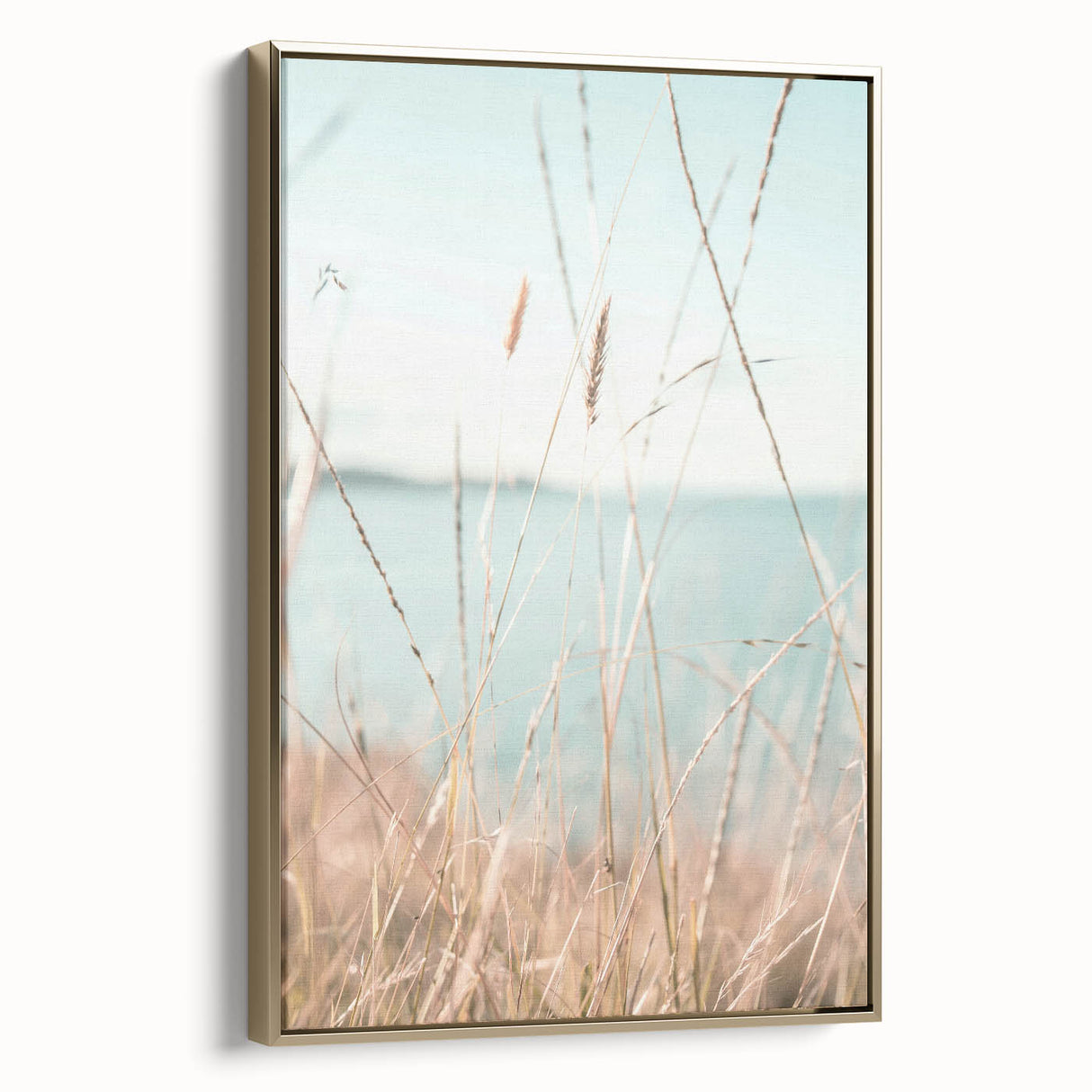 Framed canvas depicting a vintage-style landscape with lush greenery and a golden frame, ideal for bedroom wall art.