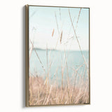 Framed canvas depicting a vintage-style landscape with lush greenery and a golden frame, ideal for bedroom wall art.