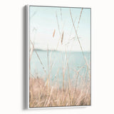 Vintage poster art of a colorful summer scene on a large framed canvas, ideal for living room decor.