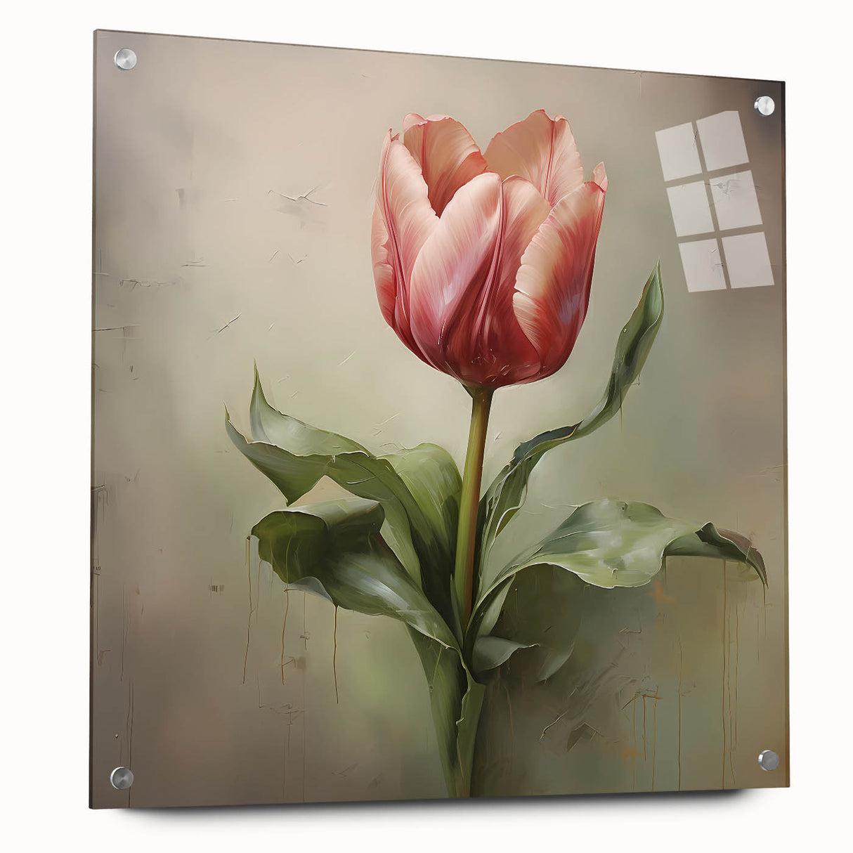 Abstract floral wall art displayed in a side view, featuring vibrant colors and intricate designs, mounted with pins on a sleek acrylic glass surface.
