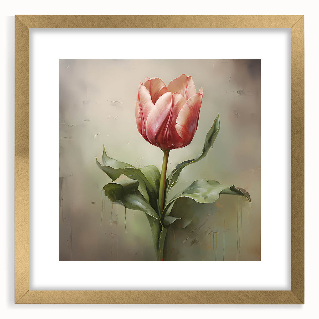 Elegant abstract floral wall art framed in gold with a white mat, showcasing vibrant colors and intricate details, perfect for modern home decor.