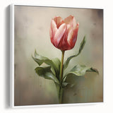 Framed canvas wall art showcasing an abstract floral design with vibrant colors, featuring a sleek white frame, viewed from the side to highlight its depth and texture. Ideal for modern home decor or office spaces.