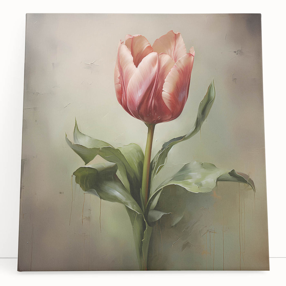 Abstract floral wall art on stretched canvas, featuring vibrant colors of pink and green, elegantly leaning against a neutral wall, enhancing modern decor aesthetics.
