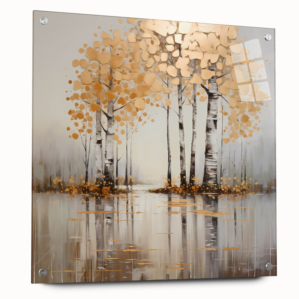 Abstract landscape wall art displayed in acrylic glass, showcasing vibrant colors and intricate details, secured with decorative pins for an elegant presentation. This modern decor piece adds a contemporary touch to any interior setting.