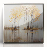 Framed abstract landscape wall art in silver acrylic, showcasing vibrant colors and dynamic shapes, perfect for modern home decor. Ideal for enhancing interior aesthetics.