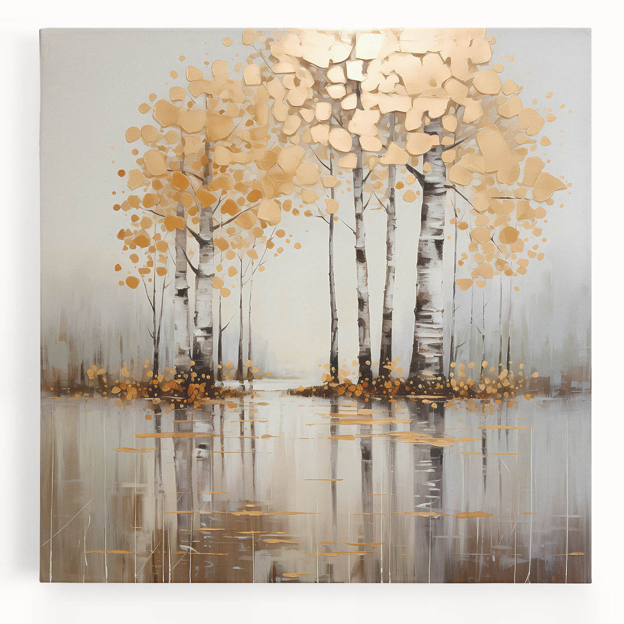 Abstract landscape wall art on stretched canvas showcasing vibrant colors of blue, green, and gold, designed to enhance modern interiors with artistic flair.