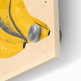 Close-up of large abstract wall art featuring assorted fruits in vibrant colors on acrylic glass.