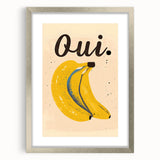 Textured abstract art print of assorted fruits in muted earth tones, framed with a silver mat, suitable for bedroom decor.