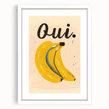 Abstract art print of assorted fruits in vibrant colors on a white framed mat, ideal for dining room decor.