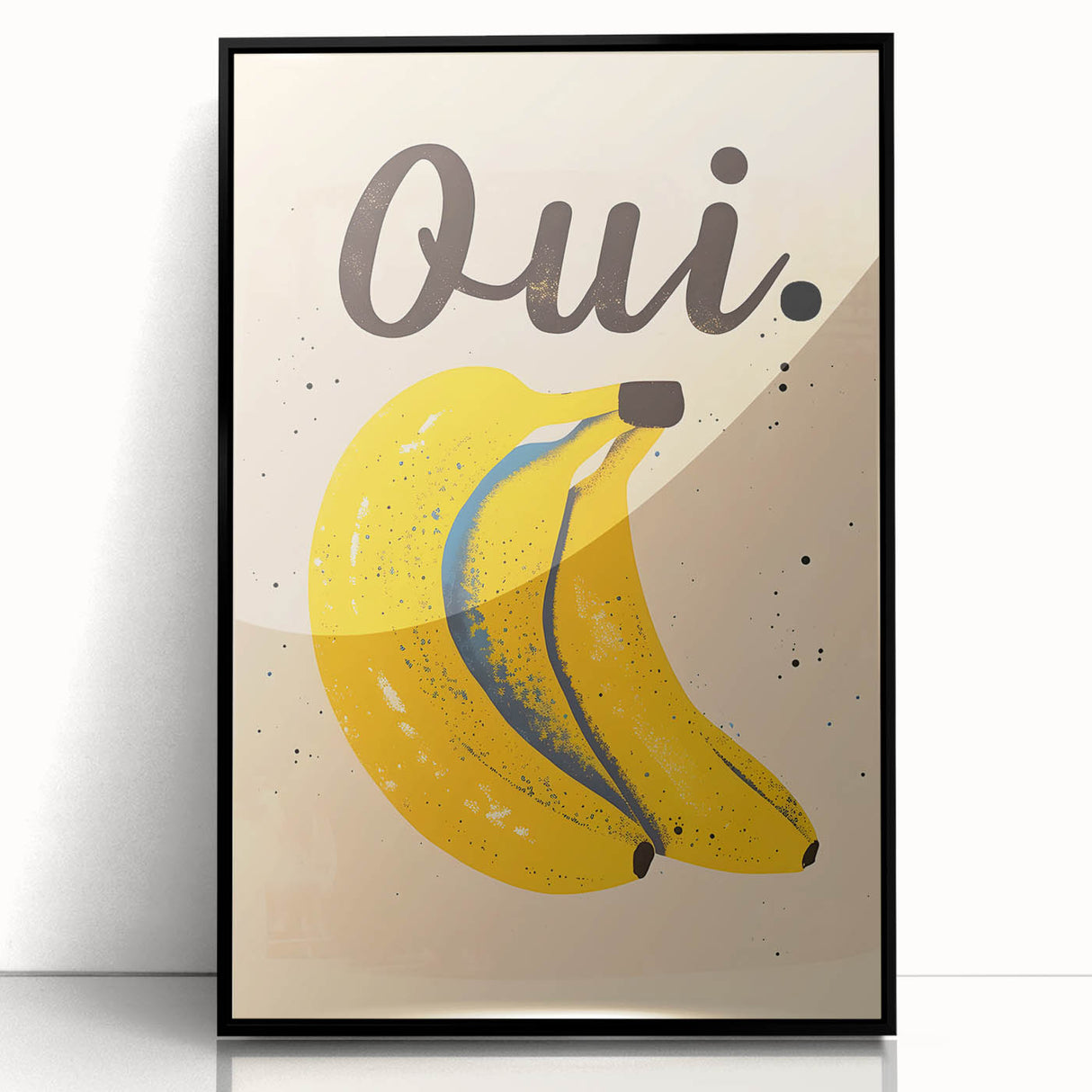 Large abstract wall art featuring assorted fruits in bold colors on a black acrylic framed print.