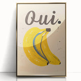 Large art print of assorted fruits in a mid-century modernist style, featuring vibrant colors on a gold-framed acrylic.