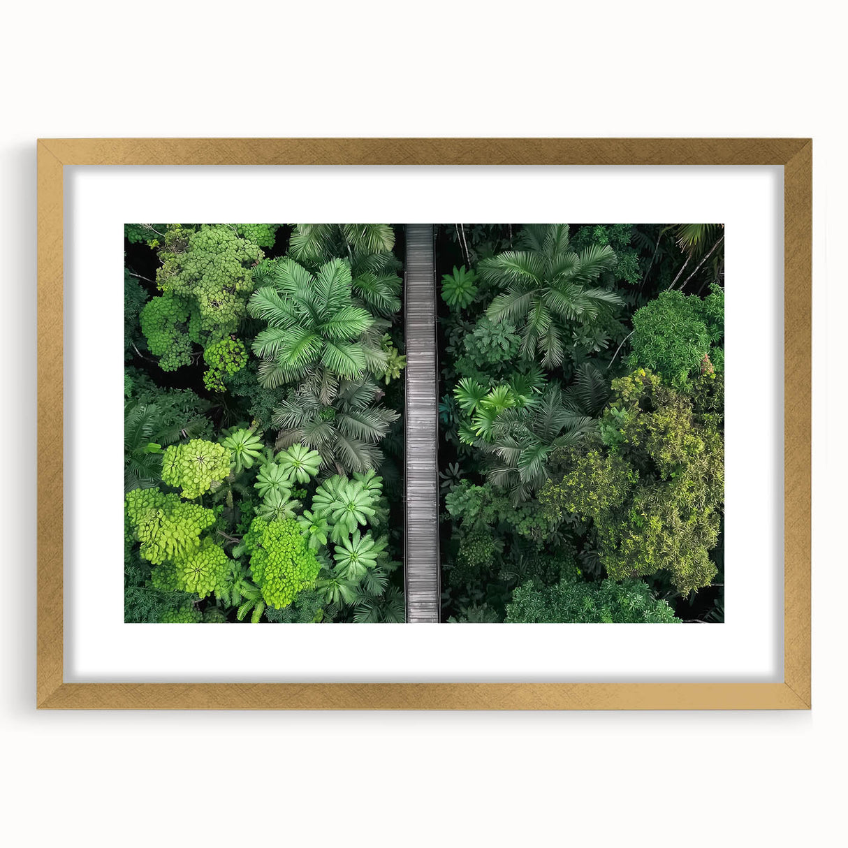 Elegant landscape bridge frame in gold with a mat, showcasing a stylish front view. Ideal for enhancing home decor, this frame complements various artistic prints.