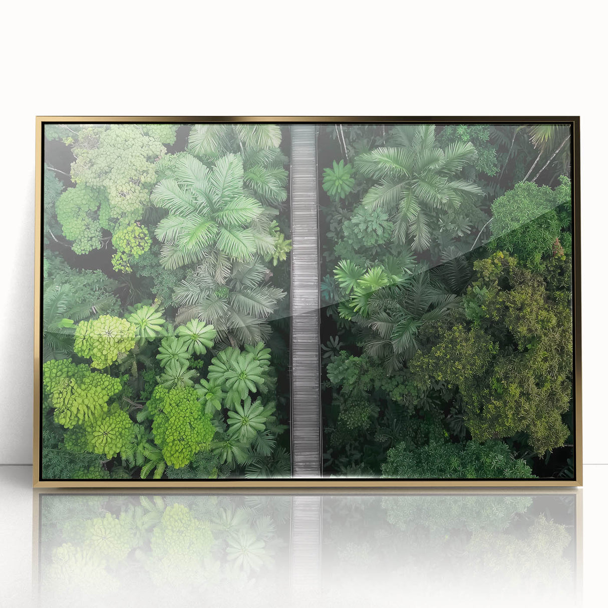 Framed acrylic artwork depicting a stunning landscape of a bridge, featuring vibrant gold accents and intricate details, ideal for modern home decor.