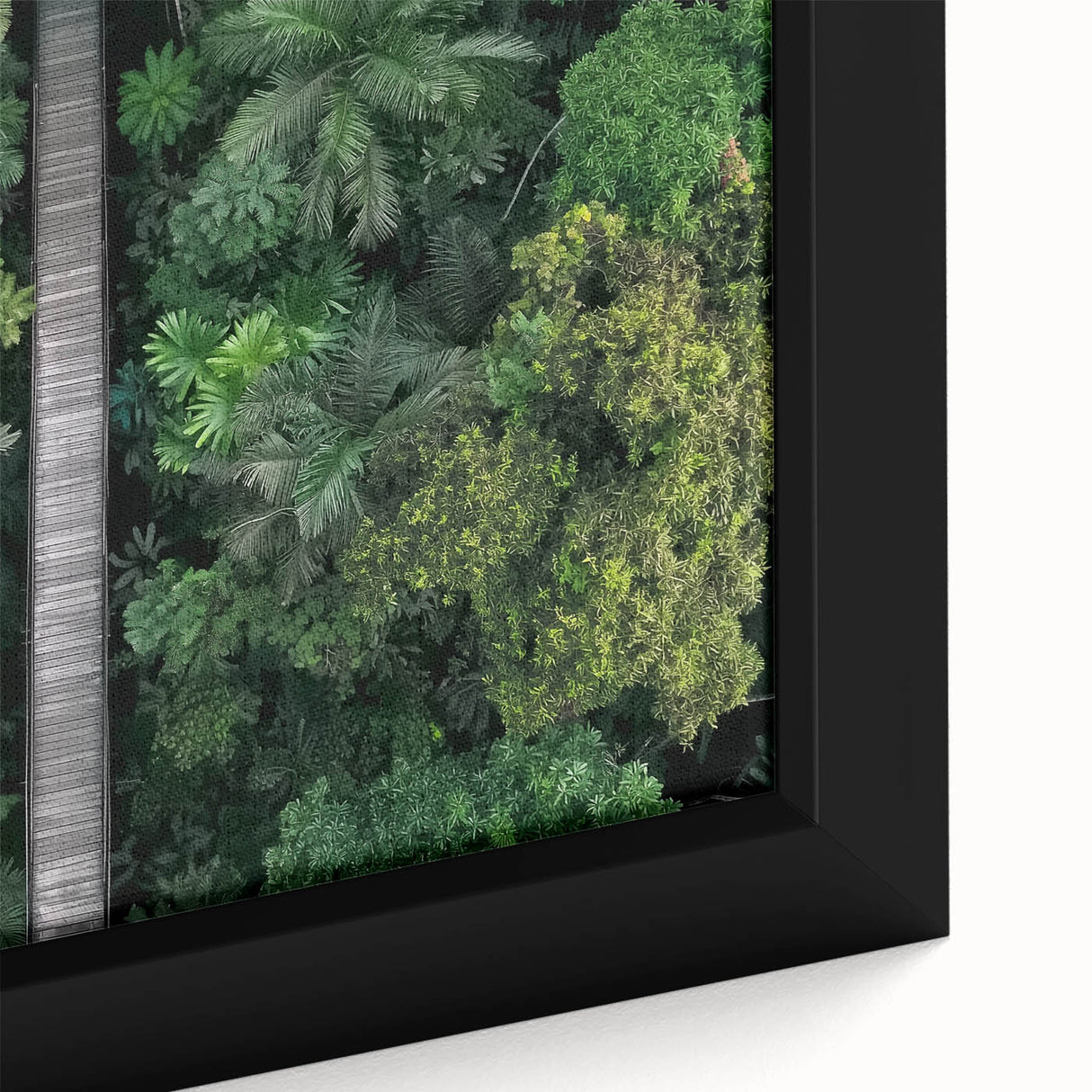 Framed canvas close-up depicting a serene landscape bridge with lush greenery and vibrant colors, ideal for home decor and nature-themed interior design.