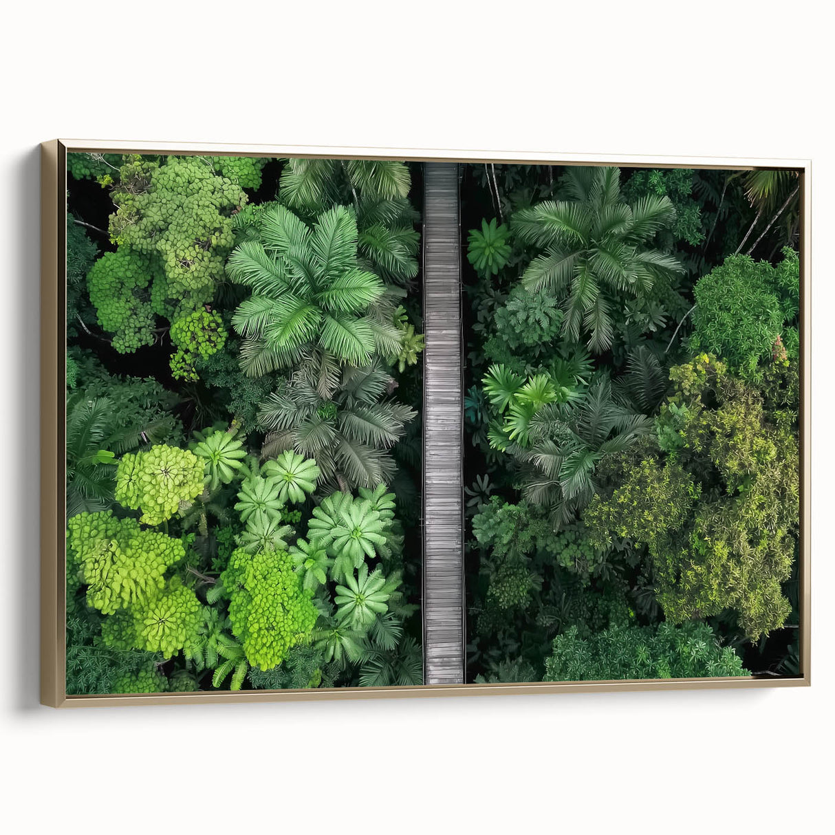 Framed canvas artwork depicting a stunning landscape bridge with golden accents, showcasing intricate details and vibrant colors, perfect for home decor.