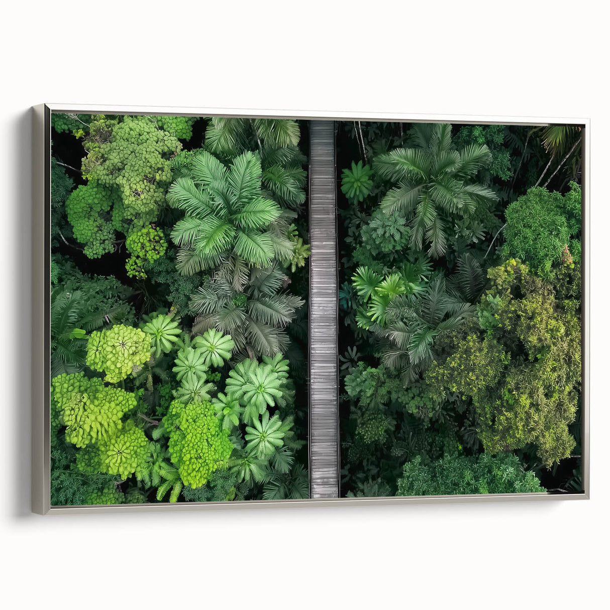 Framed canvas artwork depicting a landscape bridge in a serene setting, featuring a silver frame that enhances its elegance. Ideal for modern home decor or office spaces.