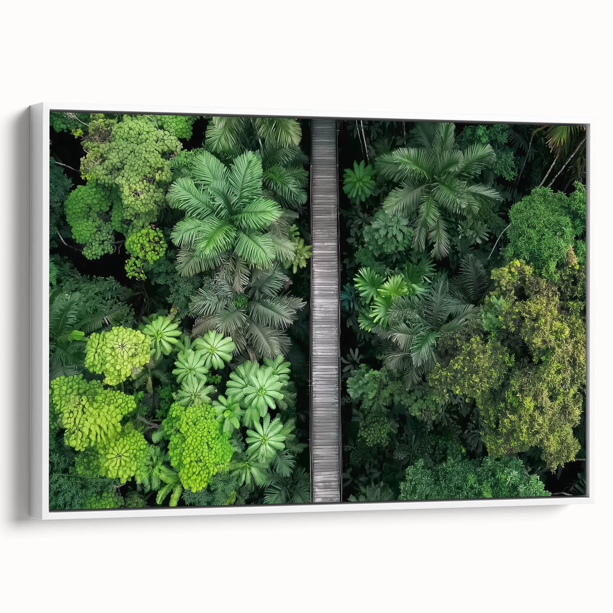 Framed canvas art depicting a serene landscape bridge scene, showcasing lush greenery and a tranquil waterway, with a modern white frame adding elegance.