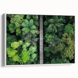 Framed canvas art depicting a serene landscape bridge scene, showcasing lush greenery and a tranquil waterway, with a modern white frame adding elegance.