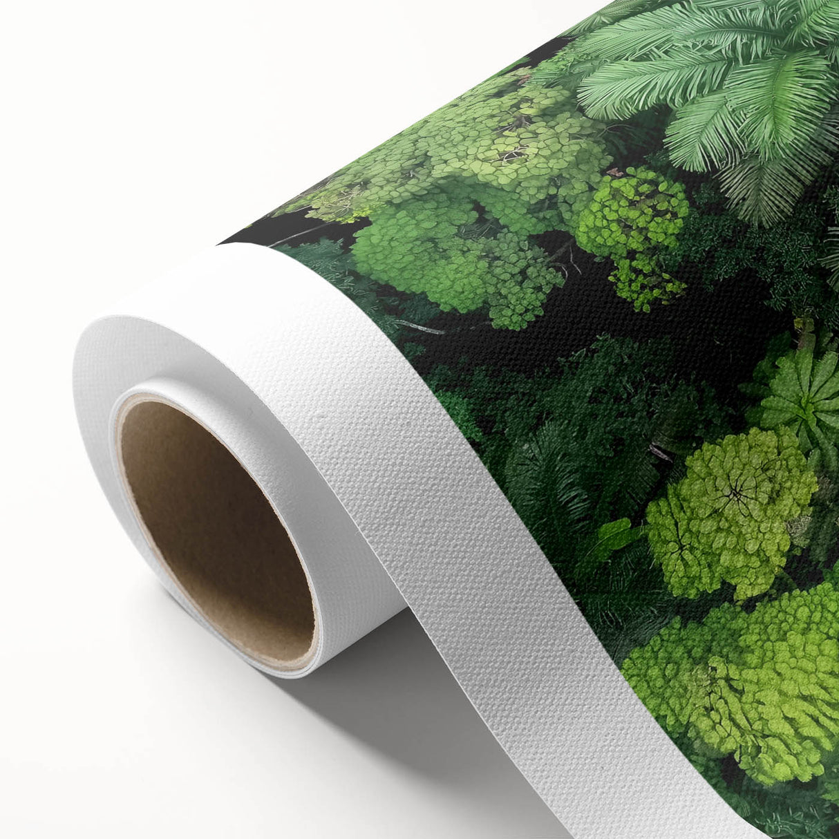 Rolled canvas artwork depicting a vibrant landscape bridge scene, showcasing lush greenery and a serene waterway, packaged securely in a cardboard tube for shipping.