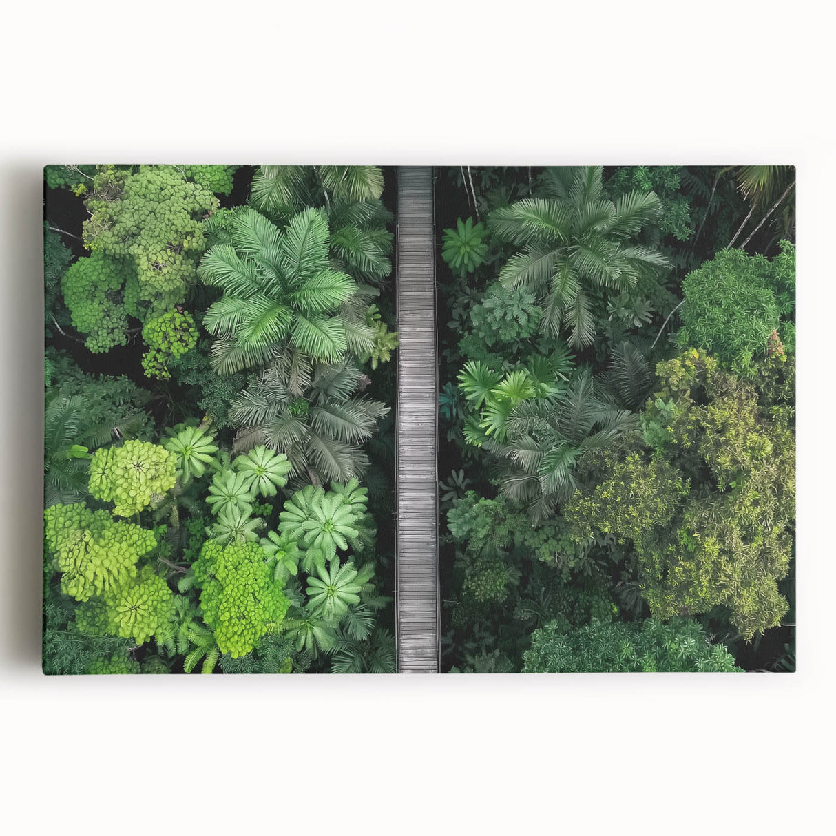 Stretched canvas artwork showcasing a serene landscape bridge scene, featuring vibrant greens and blues, ideal for enhancing home decor with nature-inspired themes.