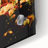 Large abstract wall art on acrylic glass depicting autumnal hues, ideal for dining room art in a mid-century modernist style.
